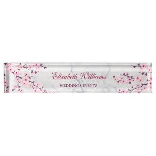 Porte-nom Fleurs florales de cerisier Marbre gris rose