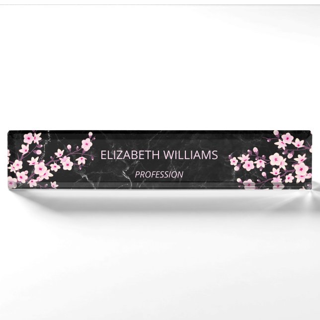 Porte-nom Fleurs florales de cerisier marbre rose noir (Devant)