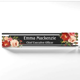 Porte-nom Fleurs florales Noir et Blanc