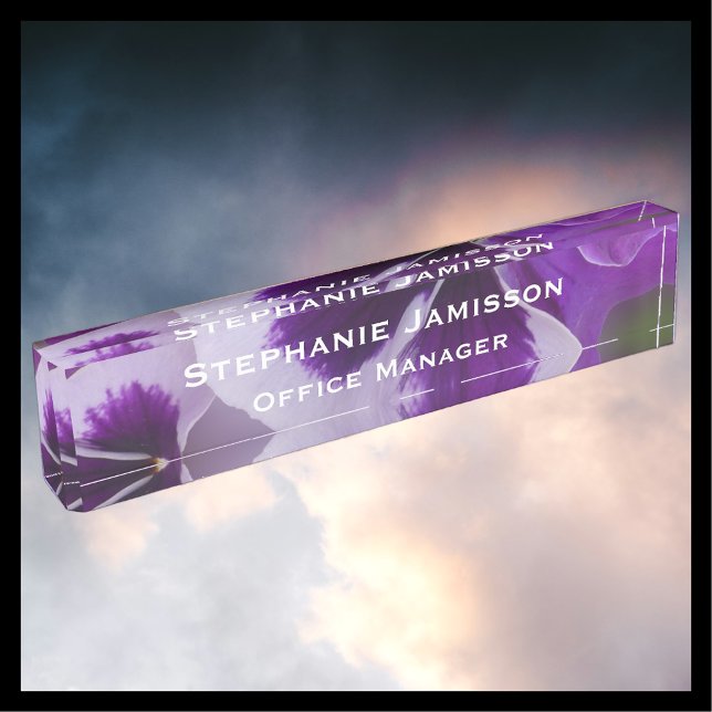 Porte-nom Fleurs violettes Nom et titre Nom du bureau Plaque (Créateur téléchargé)