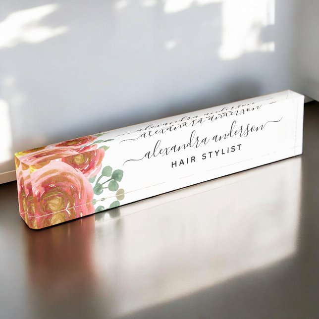 Porte-nom Floral Elégant Aquarelle Moderne Pastel Blush Rose (Créateur téléchargé)