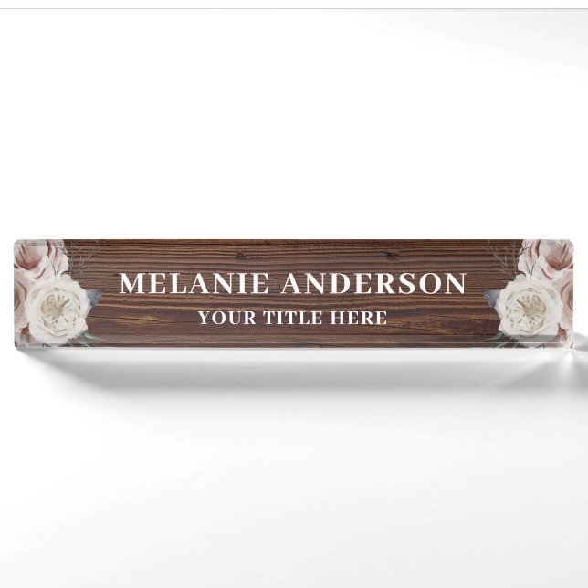 Porte-nom Floral rose rustique sur bois foncé (Devant)