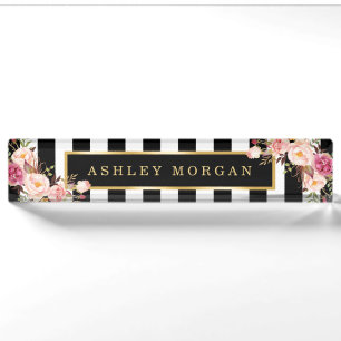 Porte-nom Floral vintage Girly avec des rayures de blanc de