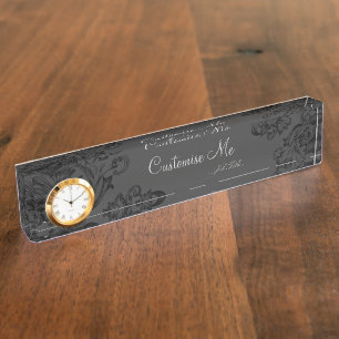 Porte-nom Flourish vintage (noir) (monogramme)