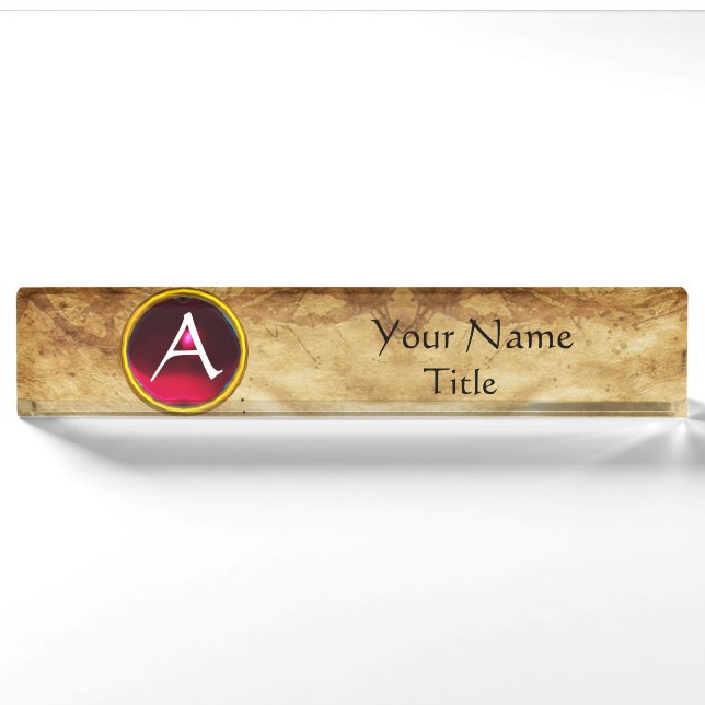 Porte-nom GEM MONOGRAM, ROUGE RUBY, parchemin (Devant)