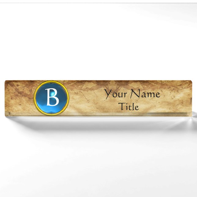 Porte-nom GEM MONOGRAM, SAPHIRE BLEU, parchemin (Devant)