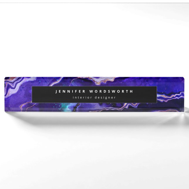 Porte-nom Géode Agate Noir Violet Moderne Professionnel (Devant)