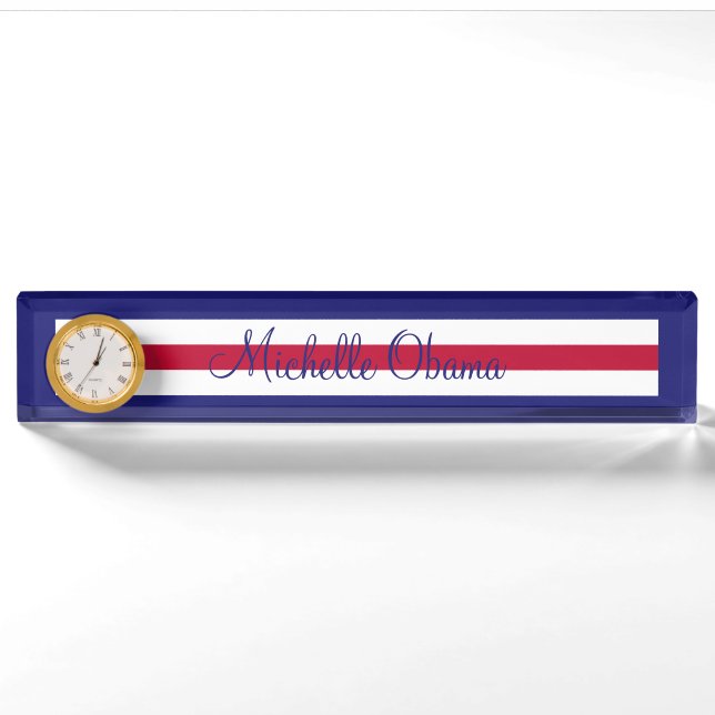 Porte-nom Géométrique bleu blanc rouge d'horloge acrylique (Devant)