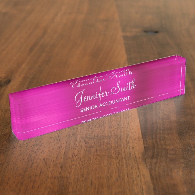Porte-nom Girly Faux Hot Pink Foil Name and Job Title (Taille)