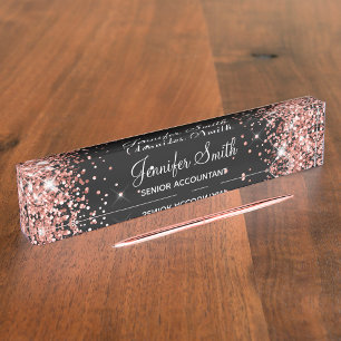 Porte-nom Girly Sparkly Rose Gold Glitter Black