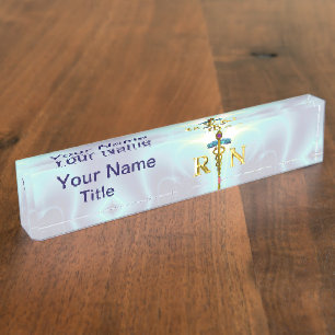 Porte-nom GOLD CADUCEUS SYMBOLE INFIRMIER INSCRIT Bleu clair