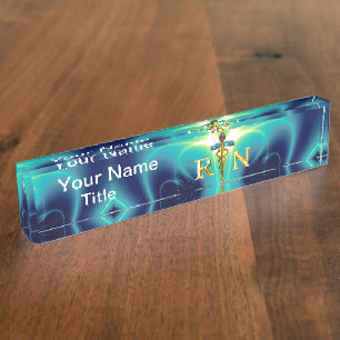 Porte-nom GOLD CADUCEUS SYMBOLE INFIRMIER INSCRIT Turquoise