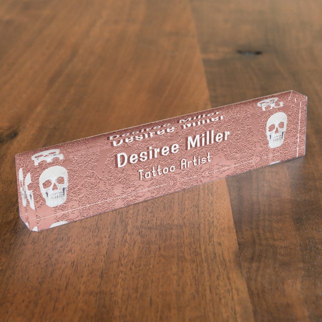 Porte-nom Gothique Crâne Rose or blanc moderne élégant flora (Taille)