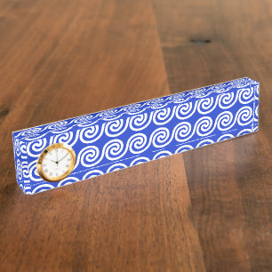 Porte-nom Grec Meander Key Waves Motif Bleu