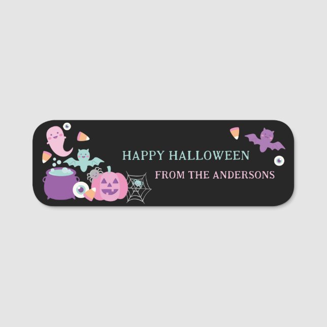 Porte-nom Halloween rose mignon, fantômes, chauves-souris et (Devant)