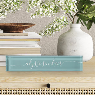 Porte-nom Hazy Aqua Elegant Script de calligraphie