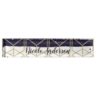 Porte-nom Hexagon Modern Marine Blue Gold Glam géométrique