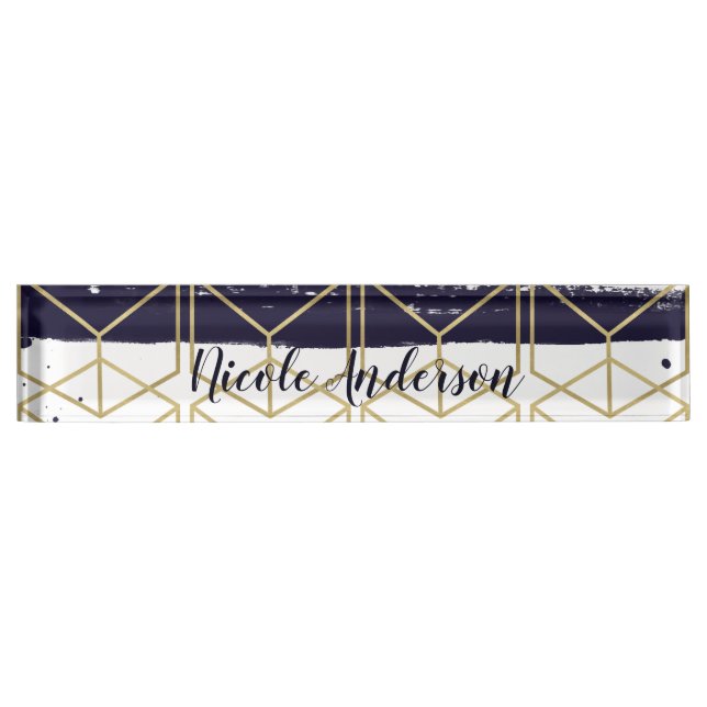 Porte-nom Hexagon Modern Marine Blue Gold Glam géométrique (Devant)