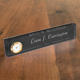 Porte-nom Horloge Élégante Votre Nom Script Bureau Noir