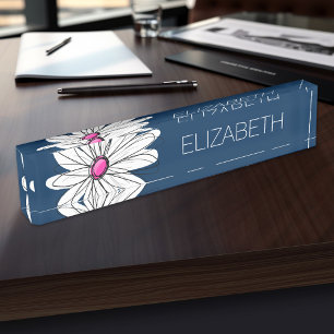 Porte-nom Illustration florale Daisy tendance - marine et ro