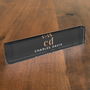 Porte-nom Initiales en or noir monogramme minimaliste