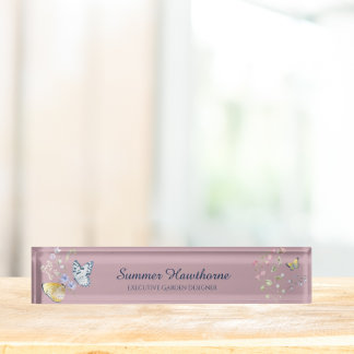 Porte-nom Intérieur Botanique Fleurie Papillon Mauve Rose