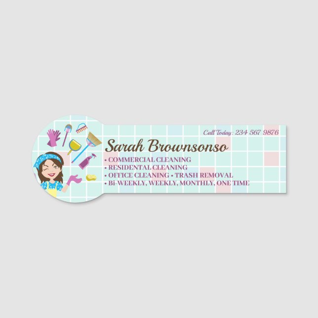 Porte-nom Janitorial | Maid | Cartoon Cleaning Staff (Devant)