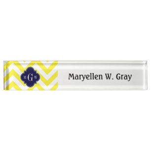 Porte-nom Jaune Lg Chevron Navy Quatrefoil 3 Monogramme