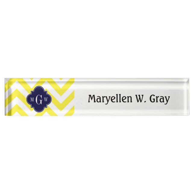 Porte-nom Jaune Lg Chevron Navy Quatrefoil 3 Monogramme (Devant)