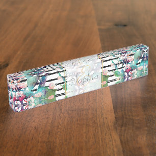Porte-nom Jolie aquarelle cactus design floral et rayures