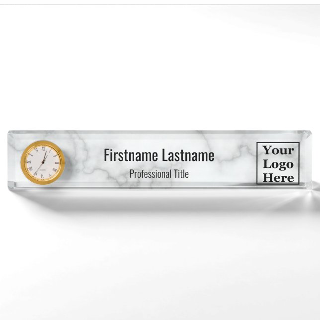 Porte-nom L'Élégant Faux Marbre blanc Votre Logo Ici (Devant)