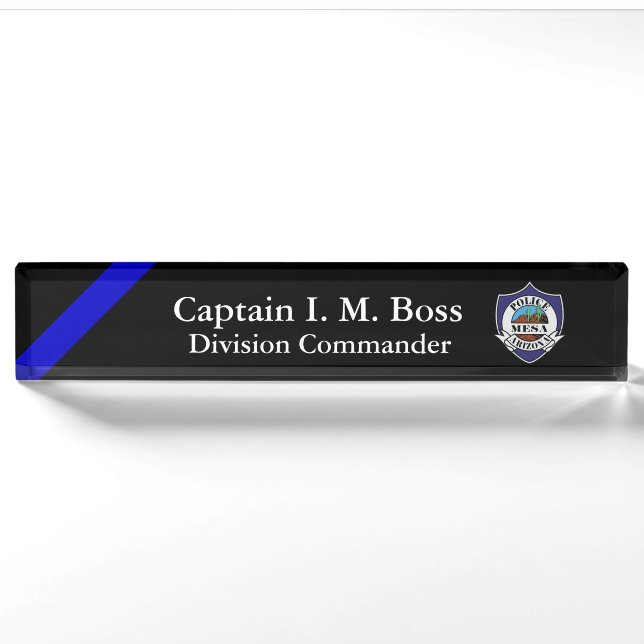 Porte-nom Ligne Bleue Mince - Office Patch Desk Name Plate (Devant)