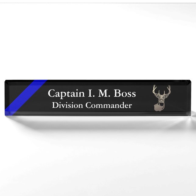 Porte-nom Ligne Bleue Mince Tête de Cerf Plaque (Devant)