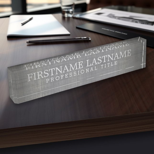 Porte-nom Lin gris - Nom de base et titre professionnel (Personalized Name Plate - Custom Logo Executive Desk Plate with Name and Professional Title)