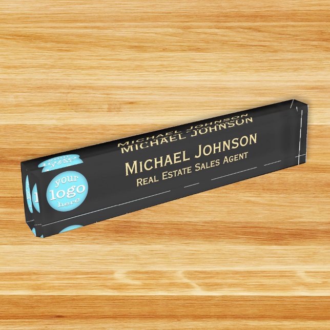 Porte-nom Logo de bureau moderne Black Gold Sleek (Modern Black Gold Sleek Business Office Logo Title Desk Name Plate)