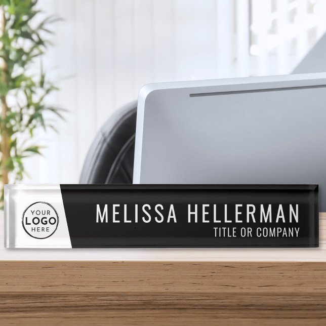 Porte-nom Logo de l'entreprise Black Minimal Executive Profe (Company Logo Black Minimal Executive Professional Desk Name Plate)
