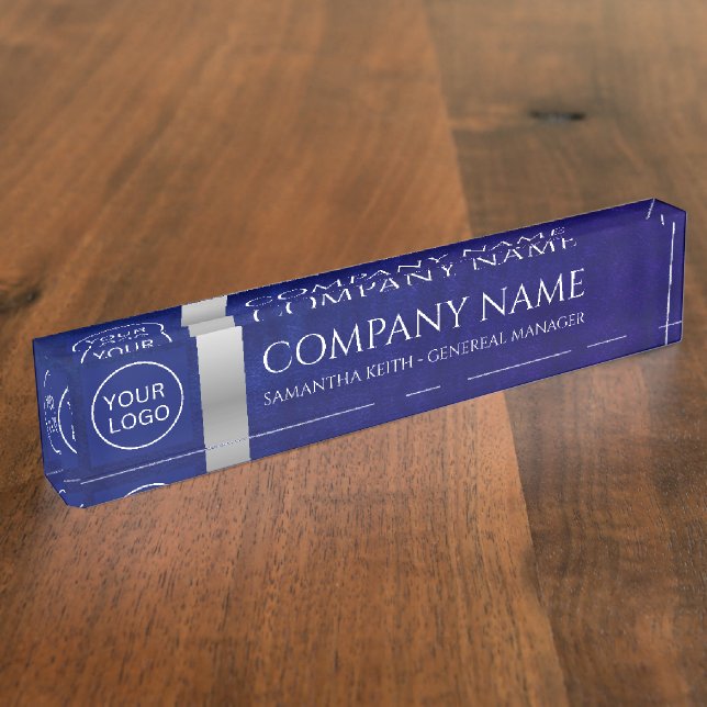 Porte-nom Logo de l'entreprise Royal Blue Leather and Silver (Taille)
