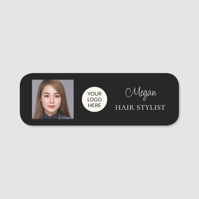 Porte-nom Logo de script noir Photo Coiffeur (Devant)