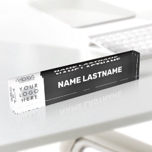 Porte-nom Logo éditable Moderne Noir Blanc Gras Simple
