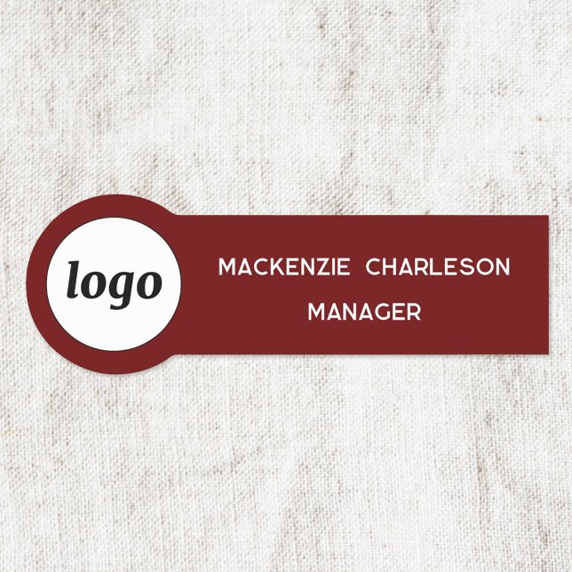 Porte-nom Logo Employé Entreprise Rouge foncé (Simple logo with custom text business branding promotional dark red burgundy name tag )