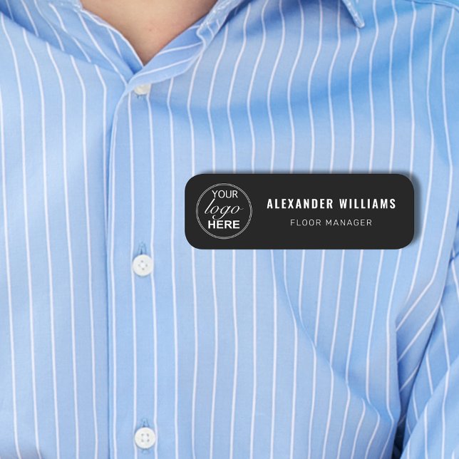 Porte-nom Logo personnalisé et employé (Custom business your logo here employee name and job tag Modern professional black and white design)