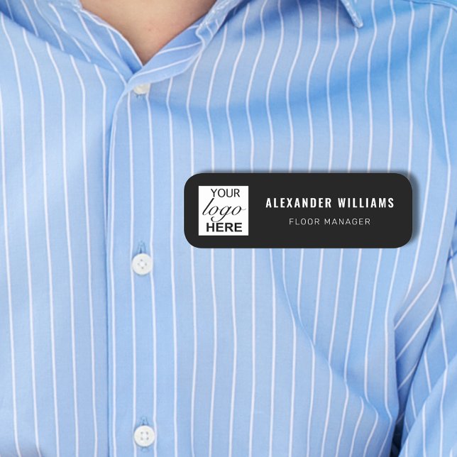 Porte-nom Logo personnalisé et employé (Custom Business logo employee name and job title name white on black tag Square logo template)