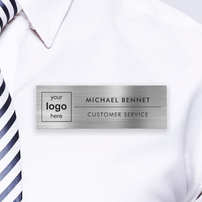 Porte-nom Logo personnalisé Silver Grey Professionnel (Custom Logo Silver Gray Professional Business Name Tag)