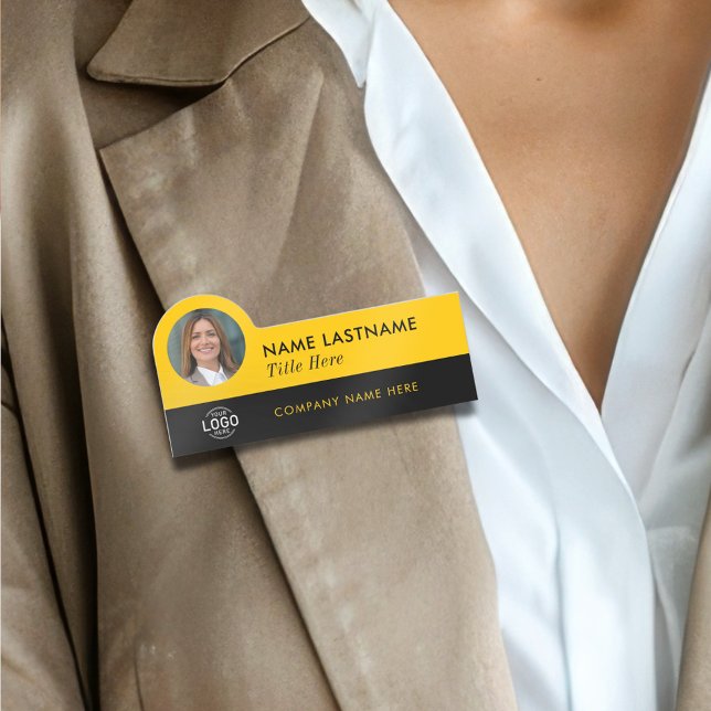 Porte-nom Logo Photo ID Modern Yellow Black Business Company (Créateur téléchargé)