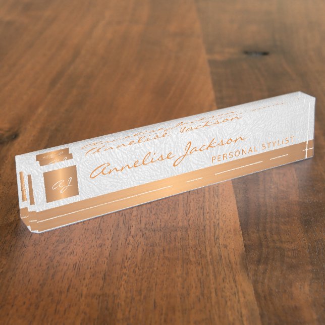 Porte-nom Luxe élégant cuir blanc or monogrammed (Taille)