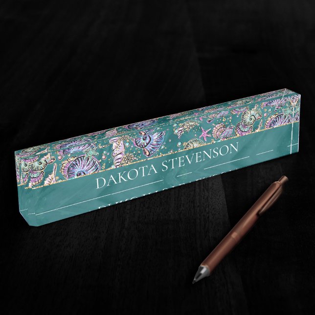Porte-nom Luxe Turquoise sous-marin | Coquillages d'or Green (Créateur téléchargé)