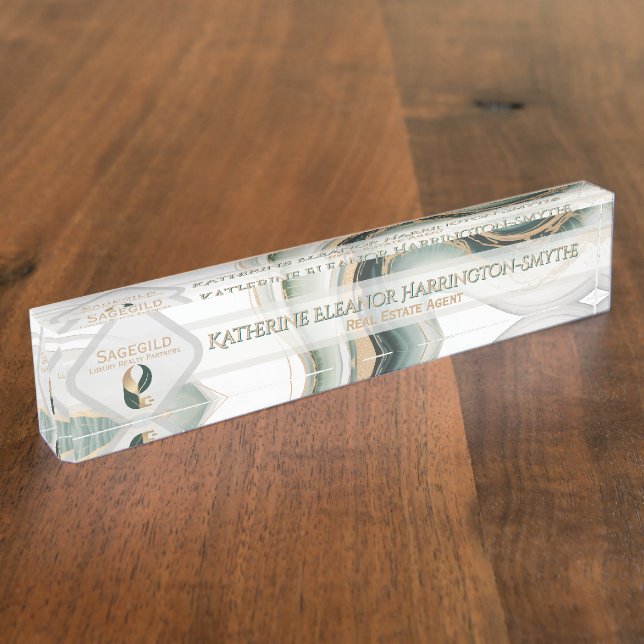 Porte-nom Luxury Sage Gold Marble Sleek Realtor Office Logo  (Taille)