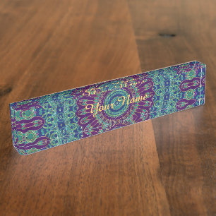 Porte-nom Mandala pourpre, bleu et vert
