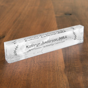 Porte-nom Marbre blanc et argent professionnel