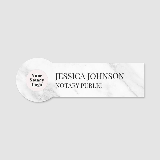 Porte-nom Marbre blanc et gris Logo Notaire personnalisé (Devant)